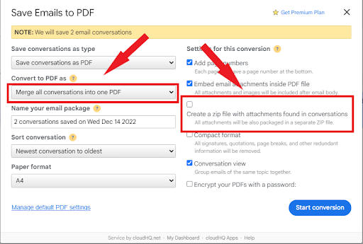 save emails in one PDF with cloudHQ