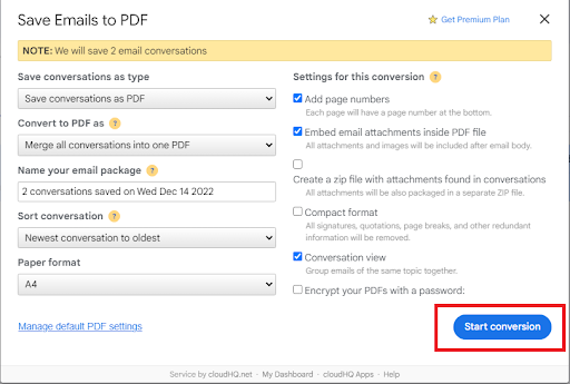 emails to PDF in Gmail